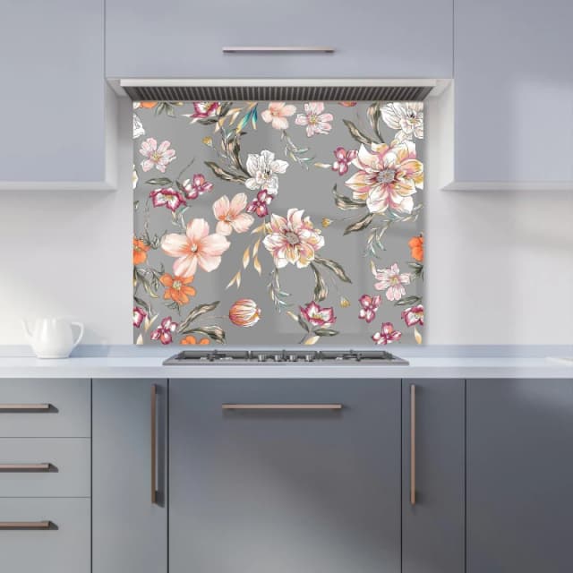 Warren Reed - Designer Peony, Lily, Tulip, Daisy Kitchen Splashback in Grey Size: 700mm x 750mm Grey Unisex 700mm x 750mm