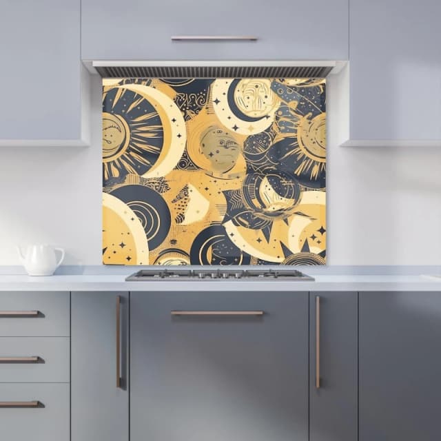 Warren Reed - Designer Blue Gold Moon & Sun Kitchen Splashback in Yellow Size: 600mm x 750mm Yellow Unisex 600mm x 750mm