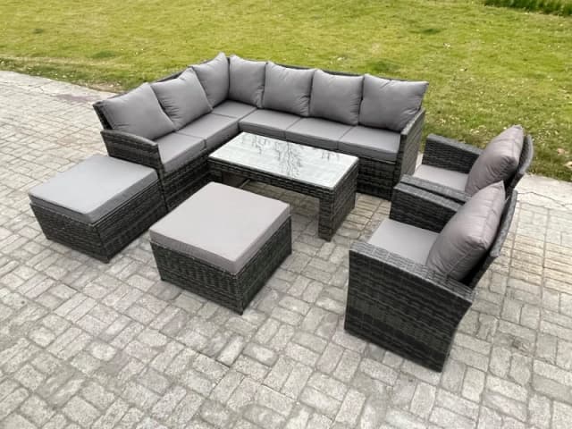 Fimous Rattan Garden Furniture Sets High Back Corner Sofa Oblong Coffee Table Set with 2 Big Footstool 2 Armchairs Dark Grey Mixed Dark Grey Unisex