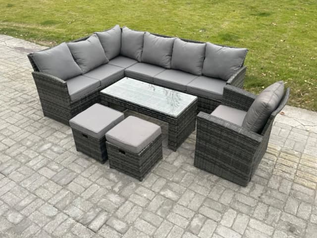 Fimous 9 Seater Outdoor Rattan Garden Furniture Set Corner Sofa Oblong Coffee Table Sets with Patio 2 Small Footstools Armchair Dark Grey Mixed Dark G