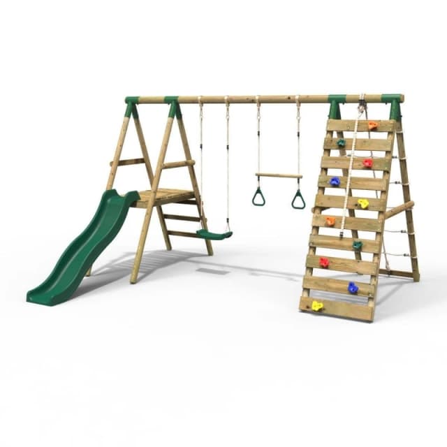 Rebo Wooden Swing Set with Trapeze, Climbing Wall and Slide - Jasper Green Green