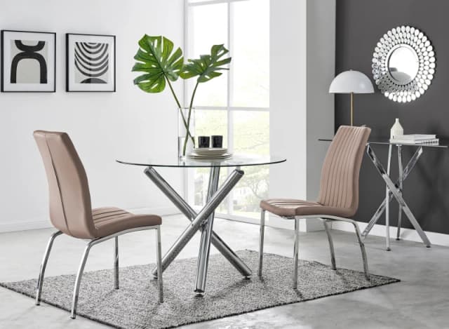 FurnitureboxUK FurnitureboxUK Selina Round Glass Chrome Leg Dining Table and Isco Chairs in Beige Size: 4 Person Beige 4 Person Unisex 5056542656286