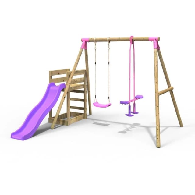 OutdoorToys Wooden Double Garden Swing Set with Glider & Slide for Kids - Star Pink Pink Unisex
