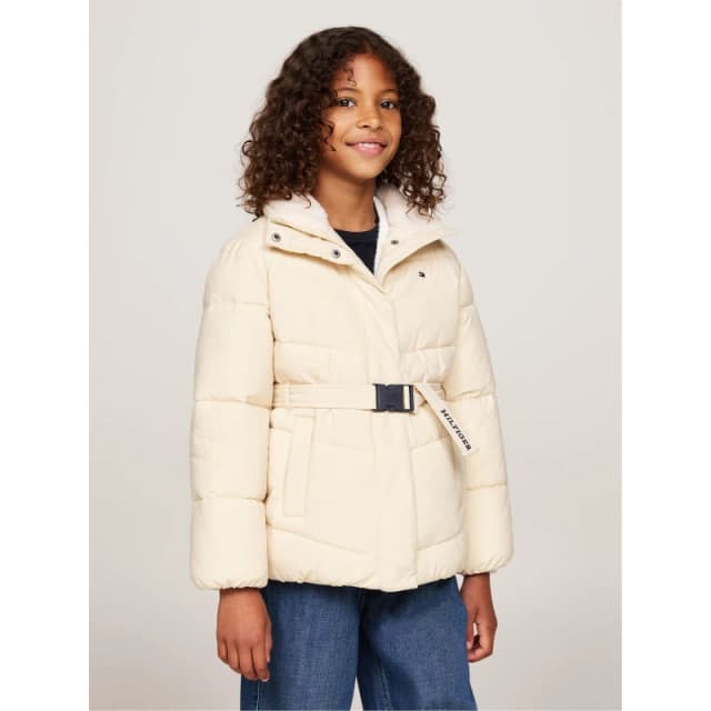 Tommy Hilfiger Kids Teddy Collar Belted Wind Resistant Long Sleeve Oversized Fit Short Puffer Jacket Ivory AEX female 12Y