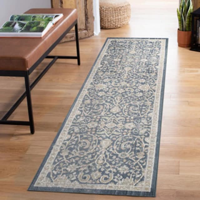 Maia Washable Low Pile Non Slip Blossom Traditional Area Rug - Navy, 60 X 220 Cm (Runner)