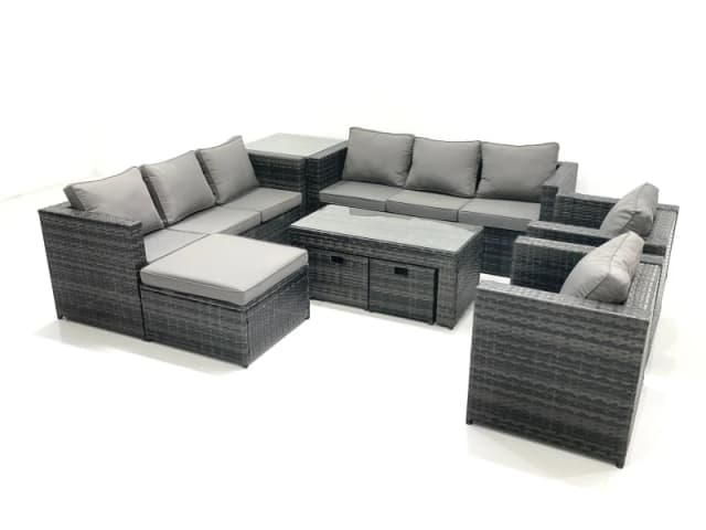Fimous Rattan Garden Furniture Sofa Set with Coffee table Armchair Side Table 3 Footstools Dark Grey Mixed Dark Grey