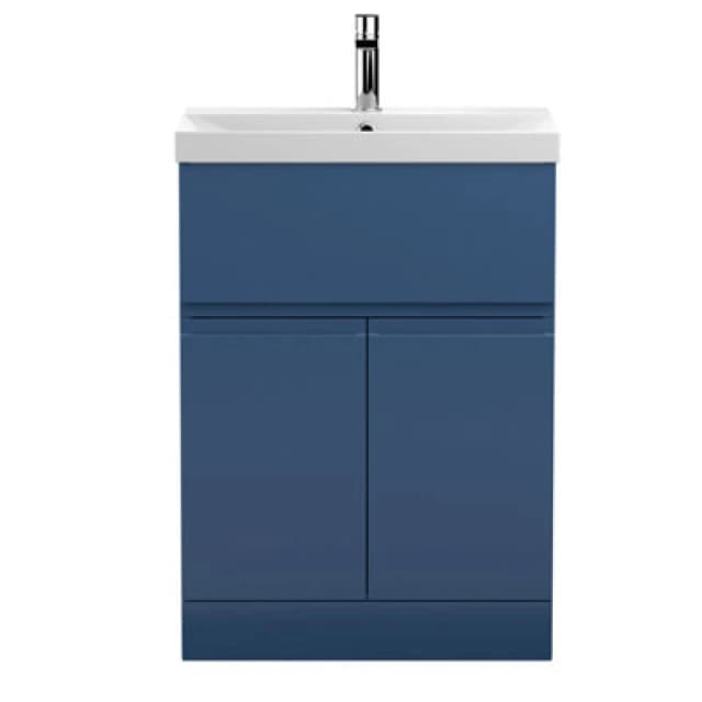 Nuie Hudson Reed Urban Floor Standing 2 Door 1 Drawer Vanity Unit With Thin-Edge Basin, Modern Vanity Unit In Satin Blue, 600mm