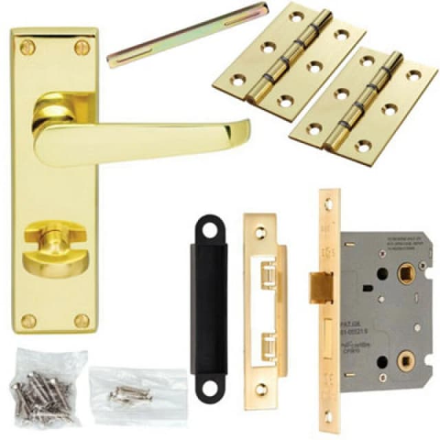 Loops Door Handle & Bathroom Lock Pack Brass Victorian Flat Thumb Turn Backplate Metallics