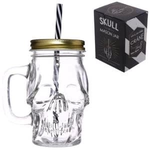 Skull Shaped Glass Drinking Jar with Straw
