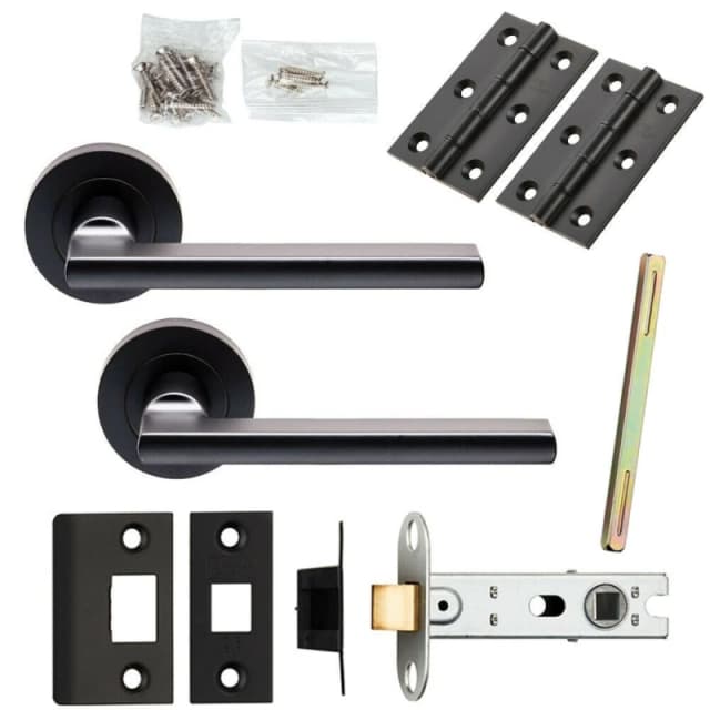 Loops Door Handle & Latch Pack Matt Black Plinth Mounted Bar Screwless Round Rose Black