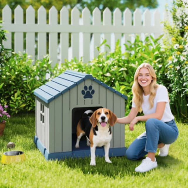 Pawhut Dog Kennel Outdoor For Medium Dogs, Waterproof Plastic Dog House
