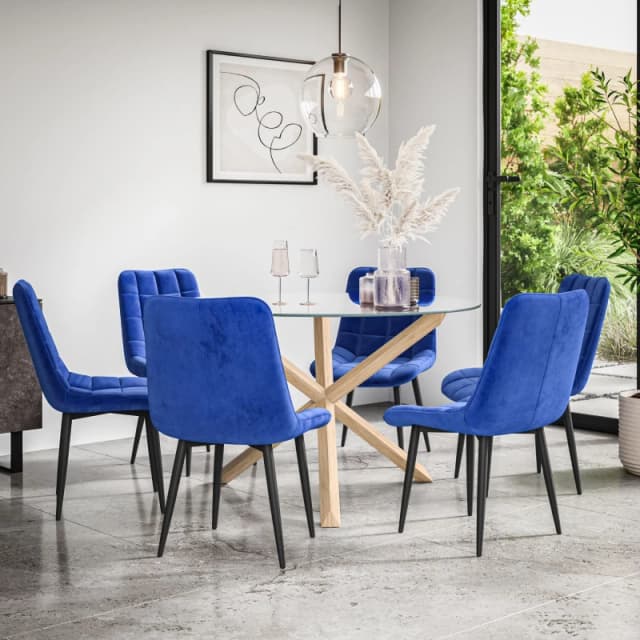 More4Homes Malvern Round Dining Table And Chairs - Clear Glass Table Top W Solid Oak Legs + Nova Velvet Dining Chair Set Of 6 (Blue)