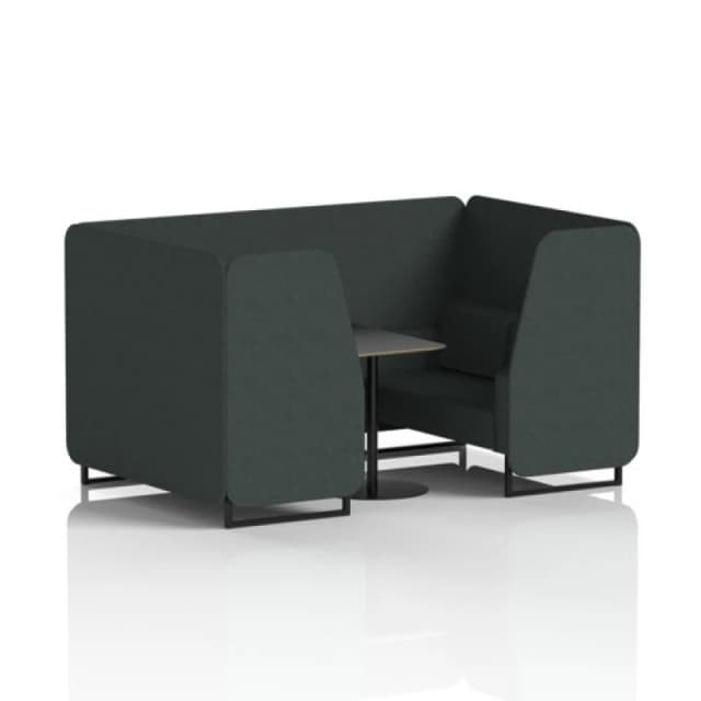 Brixworth 4 Seater Office Booth with Front Panel - Black Legs and Black Table with Black Leg in Rivet Fabric - Charcoal Panels and Sofa