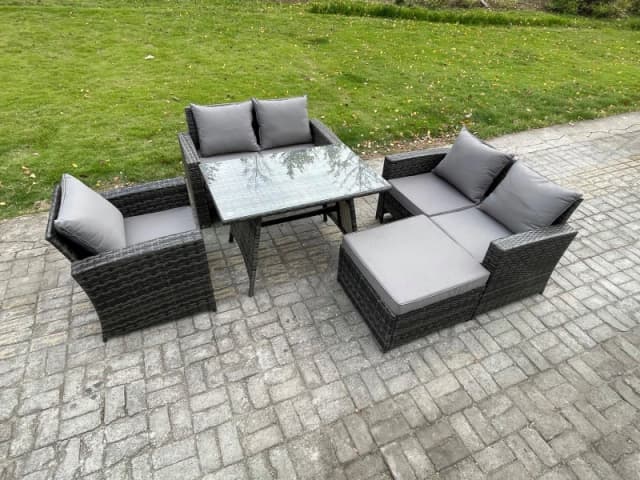 Fimous 6 Seater Wicker PE Rattan Garden Dining Set Outdoor Furniture Sofa with Rectangular Dining Table Double Seat Sofa Big Footstool in Dark Grey Da