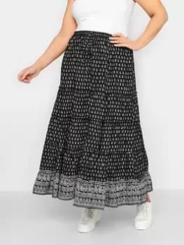 Yours Tierred Gypsy Skirt Boho Border Mono, Black, Size 20, Women