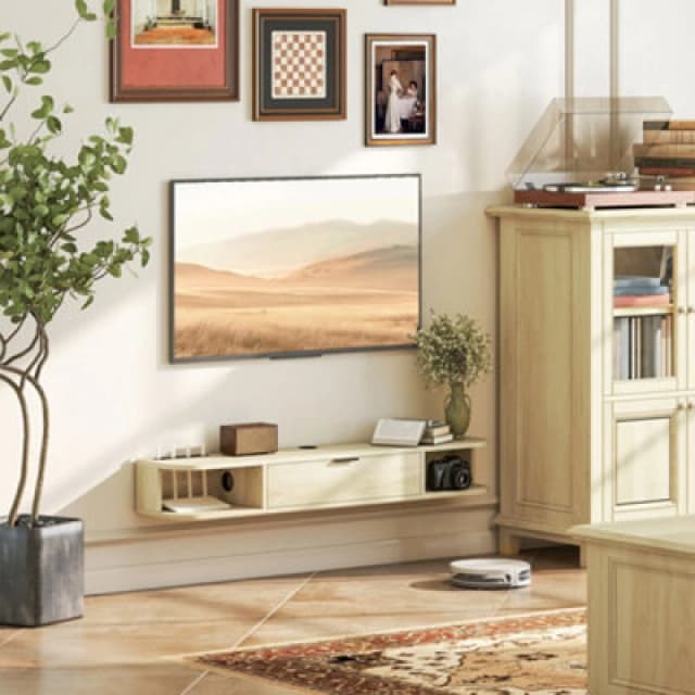 HOMCOM HOMCOM 120cm Floating TV Unit with Flip Drawer and Shelves, Natural Natural One Size Unisex 5063603515529