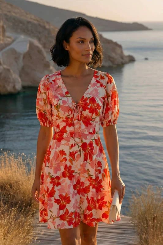 Dusk Womens Floral Tie Front Dress in Red Size: 10 Red Female 10