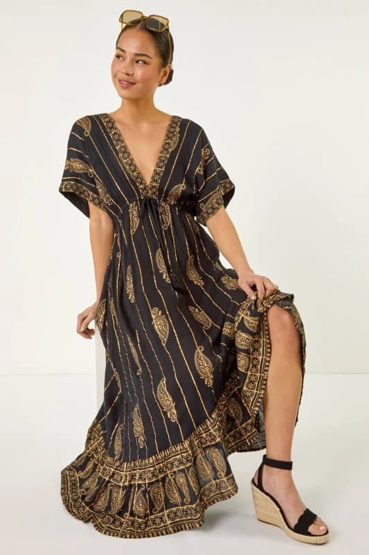 Roman Womens Petite Foil Print Boho Maxi Dress in Black Size: 10 Black Female 10