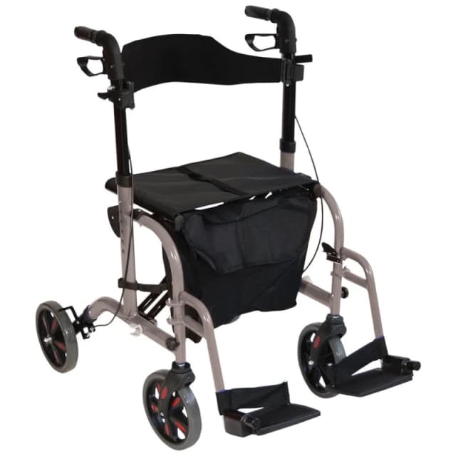 Loops Grey Deluxe Aluminium Rollator and Transit Chair 2-in-1 Dual Function Walker Grey