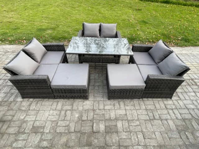 Fimous High Back Outdoor Garden Furniture Rattan Sofa Dining Table Set with 2 Big Footstool Dark Grey Mixed Dark Grey Unisex