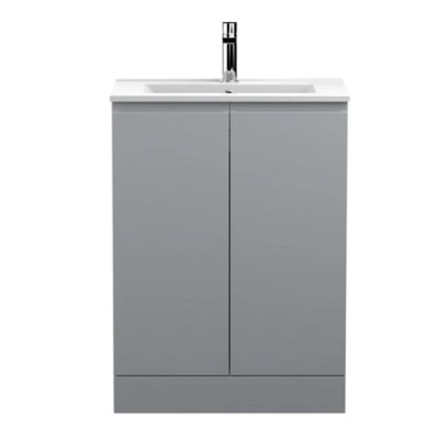 Nuie Hudson Reed Urban Floor Standing 2 Soft Close Door Vanity Unit With Minimalist Basin, Modern Vanity Unit In Satin Grey, 600mm