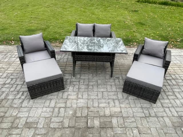 Fimous 6 Seater High Back Outdoor Garden Furniture Rattan Sofa Dining Table Set with Armchair 2 Big Footstool Dark Grey Mixed Dark Grey Unisex
