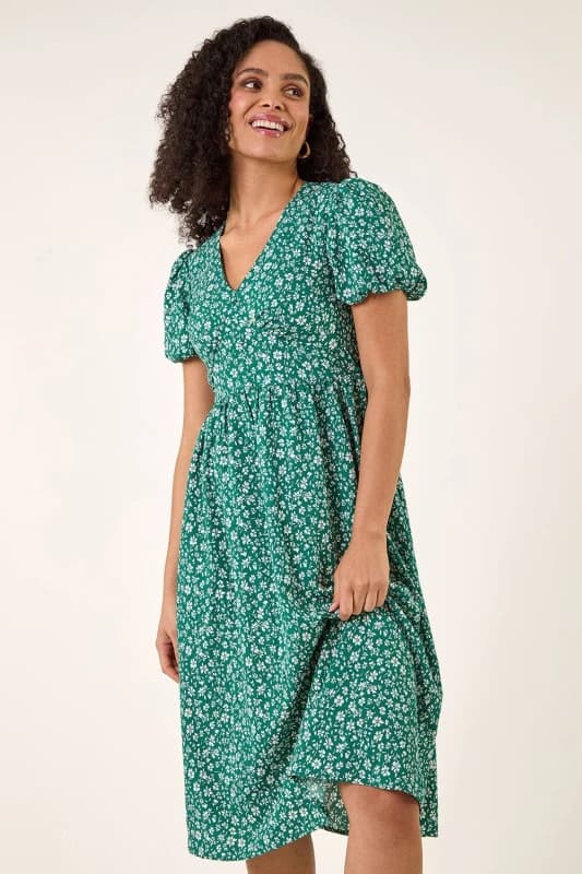 Roman Womens Ditsy Print V-Neck Midi Dress in Green Size: 20 Green Female 20