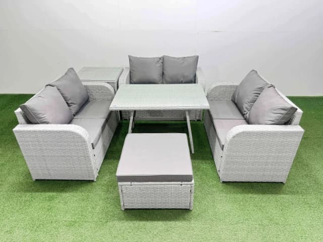 Fimous 7-seater Patio Rectangular Table Love Sofa Set with Side Table Stool in Light Grey Light Grey Unisex