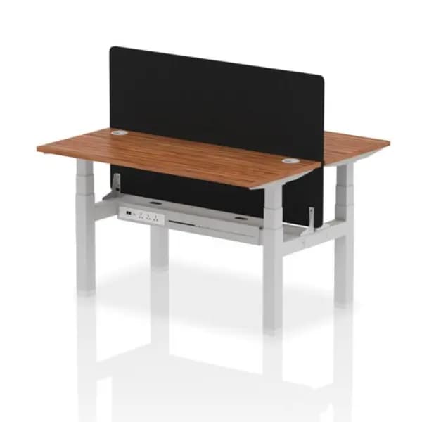Air Air Back-to-Back 1400 x 600mm Height Adjustable 2 Person Bench Desk Walnut Top with Cable Ports Silver Frame with Black Straight Screen HASCP2P14