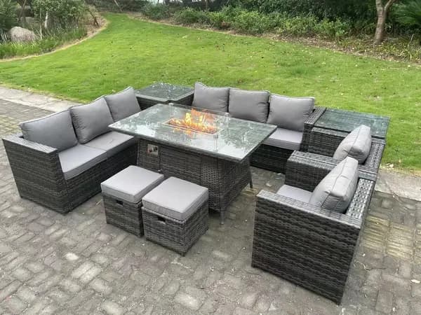 Fimous 8 Seater Outdoor Dark Grey Rattan Lounge Complete Sofa Set with Gas Firepit and 2 Big Footstools