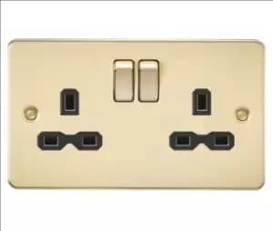 KnightsBridge Flat plate 13A 2G DP switched socket - brushed brass with Black insert