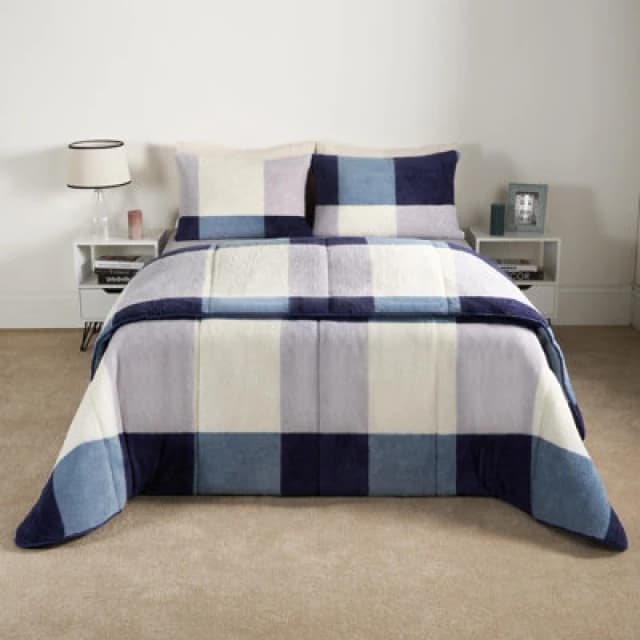 OHS OHS Check Coverless Duvet Pillowcase Bedding Set Teddy Fleece Gingham Quilt 10.5 TOG in Dark Navy Size: King Dark Navy King Unisex 5027434197057
