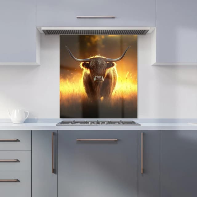 Warren Reed - Designer Highland Cow Sunset Kitchen Splashback in Orange Size: 700mm x 750mm Orange Unisex 700mm x 750mm
