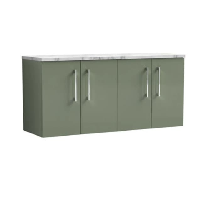 Nuie Arno Wall Hung 4-Door Vanity Unit With Laminate Worktop In Carrera Marble, Premium Counter Top Vanity Unit In Satin Green