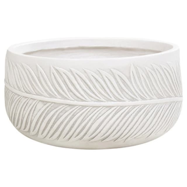 BELIANI Beliani - Garden Outdoor Plant Pot Planter Leaf Motif Round Stone Clay Fibre 35x35x19cm White Ftero 404953