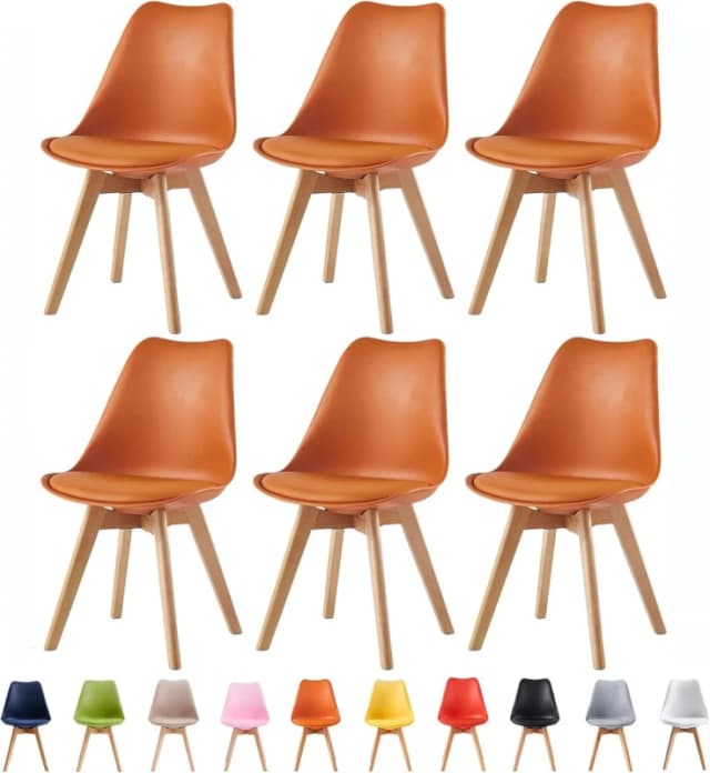 MCC Direct Set of 6 Dining Chairs with Solid Wooden Legs & Seat Cushion Pads in Grey - Eva by MCC in Orange Orange Unisex