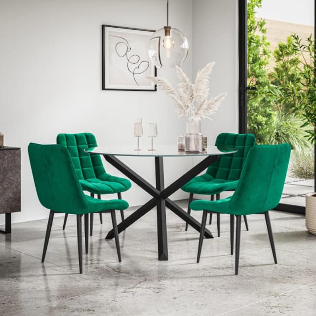 More4Homes Malvern Round Dining Table And Chairs - Clear Glass Table Top W Solid Black Oak Legs + Nova Velvet Dining Chair Set Of 4 (Green)