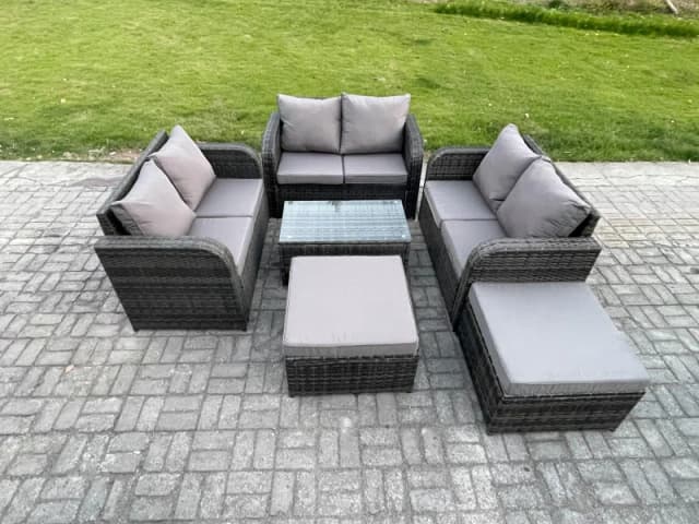 Fimous 8 Seater Garden Furniture Set Rattan Lounge Sofa Chair With Tempered Glass Table Big Footstool Dark Grey Mixed Dark Grey