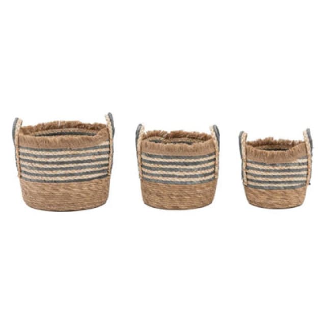 Crossland Grove Boheme Fringed Woven Basket Ink Stripe Set Of 3, Brown 5056693592105