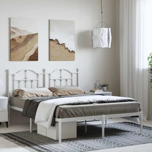 Vidaxl Metal Bed Frame Without Mattress With Headboard White 135X190 Cm Double, White 353487