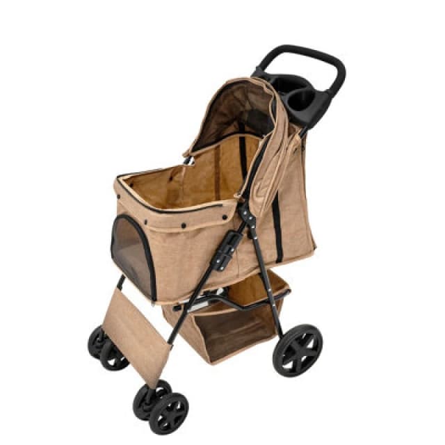 Monstershop Pet Stroller with Rain Cover in Woven Beige Beige