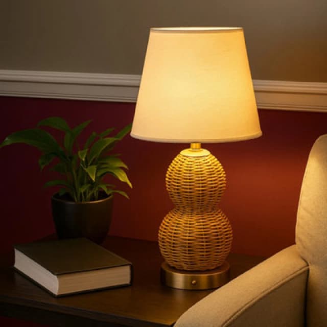 Lighting Collection Rechargeable Rattan Table Lamp in Light Brown Light Brown Unisex