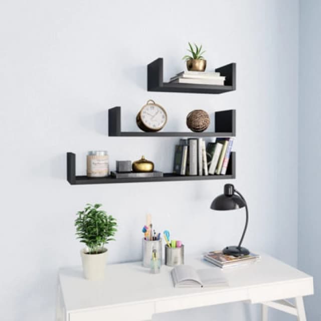 vidaXL 3x Wall Display Shelf Black Engineered Wood Floating Shelf Wall Shelf