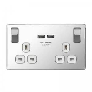 Masterplug Polished Chrome Screwless Plate Double Socket + 2 x USB Port Insert