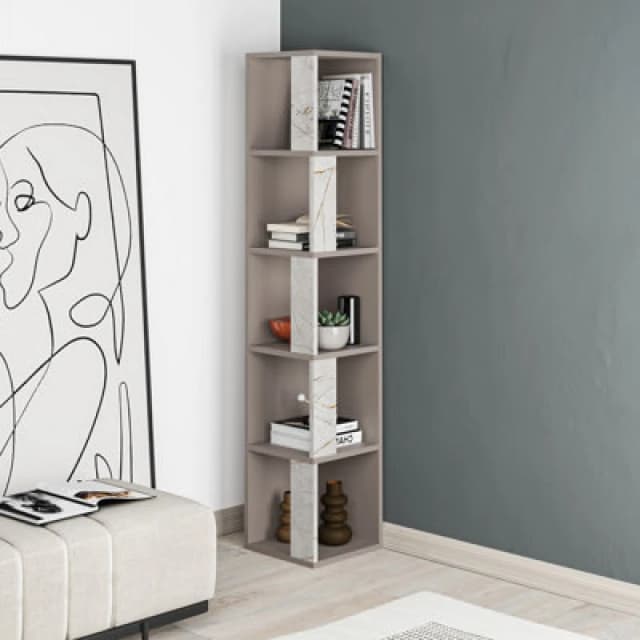 Decortie Piano Modern Corner Bookcase Display Unit Mocha Grey, Gold Marble Effect Tall 158.9Cm