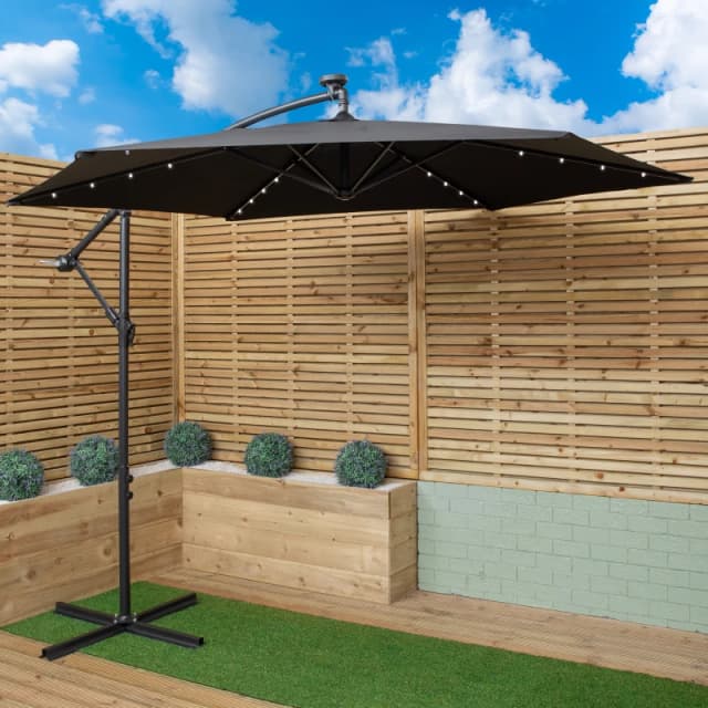 Samuel Alexander 3m Solar Powered Cantilever Lit Banana Garden Parasol with Crank Handle & White LED Lights in Black