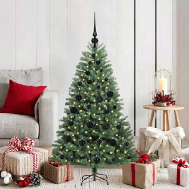 vidaXL Artificial Hinged Christmas Tree with Black Balls Green 120cm PVC and Metal, Green 3395470