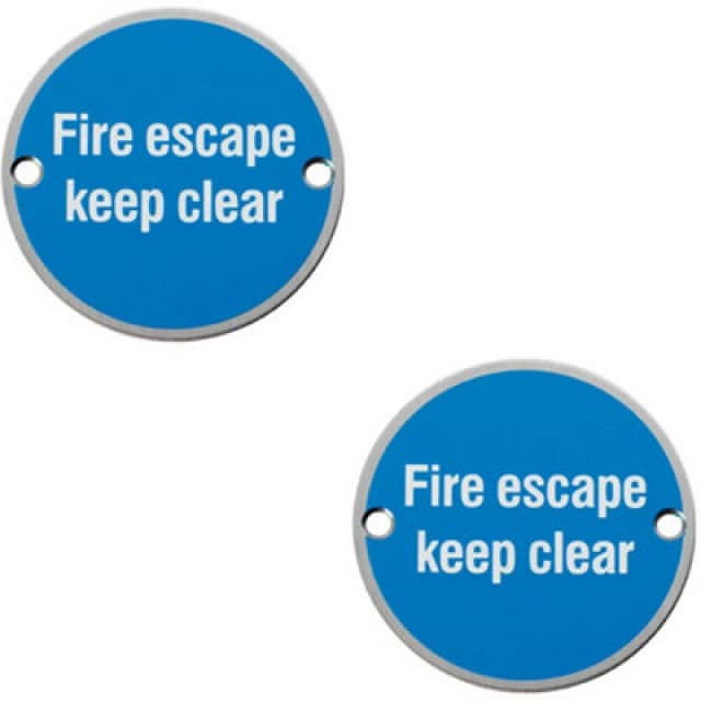Loops 2x Fire Door Keep Clear Sign 64mm Fixing Centres 76mm Dia Satin Steel Metallics