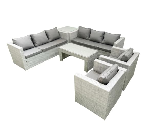Fimous Outdoor Garden Furniture Rattan Sofa Set with 2 Armchairs Oblong Coffee Table Side Table Light Grey Mixed Light Grey