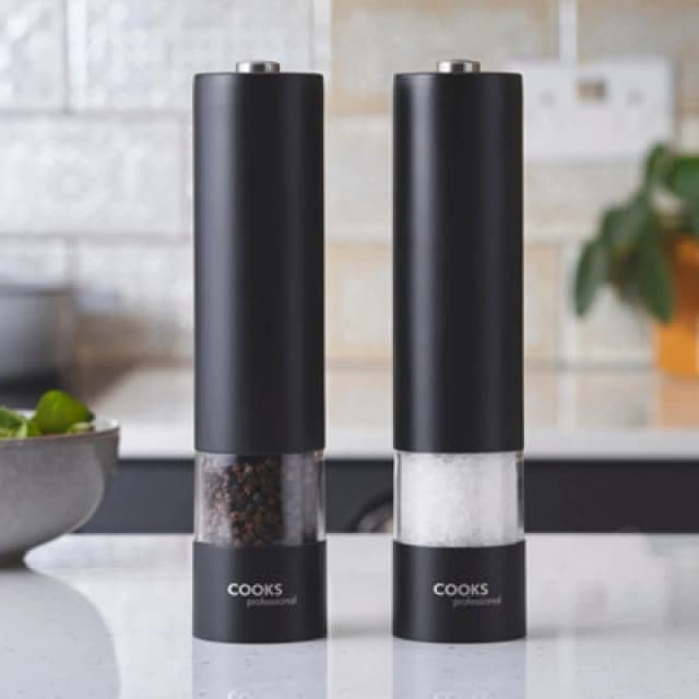 Cooks Professional Electric Salt and Pepper Mill Set Stainless Steel Battery Black